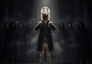 رجل يقف في النور نازعًا قناع الزيف بينما تتلاشى شخصيات مقنّعة في الظل