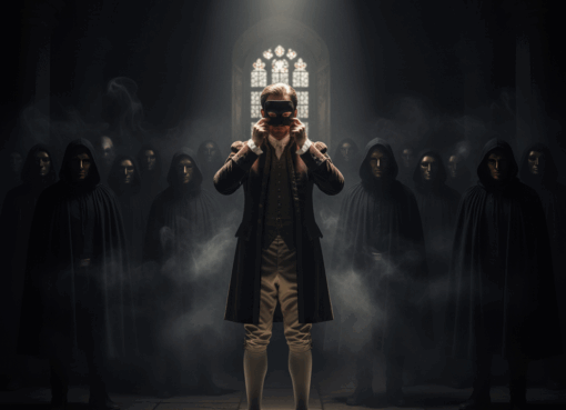 رجل يقف في النور نازعًا قناع الزيف بينما تتلاشى شخصيات مقنّعة في الظل