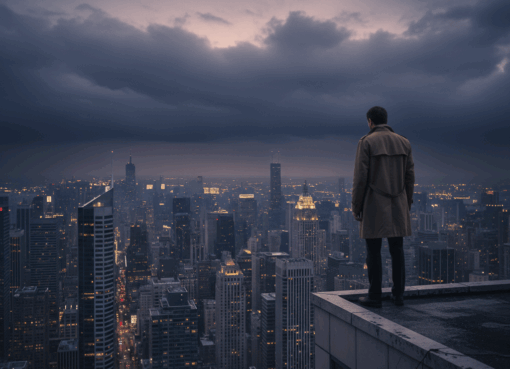 شخص وحيد يتأمل مدينة كبيرة من سطح مرتفع في مشهد رمزي عن العزلة