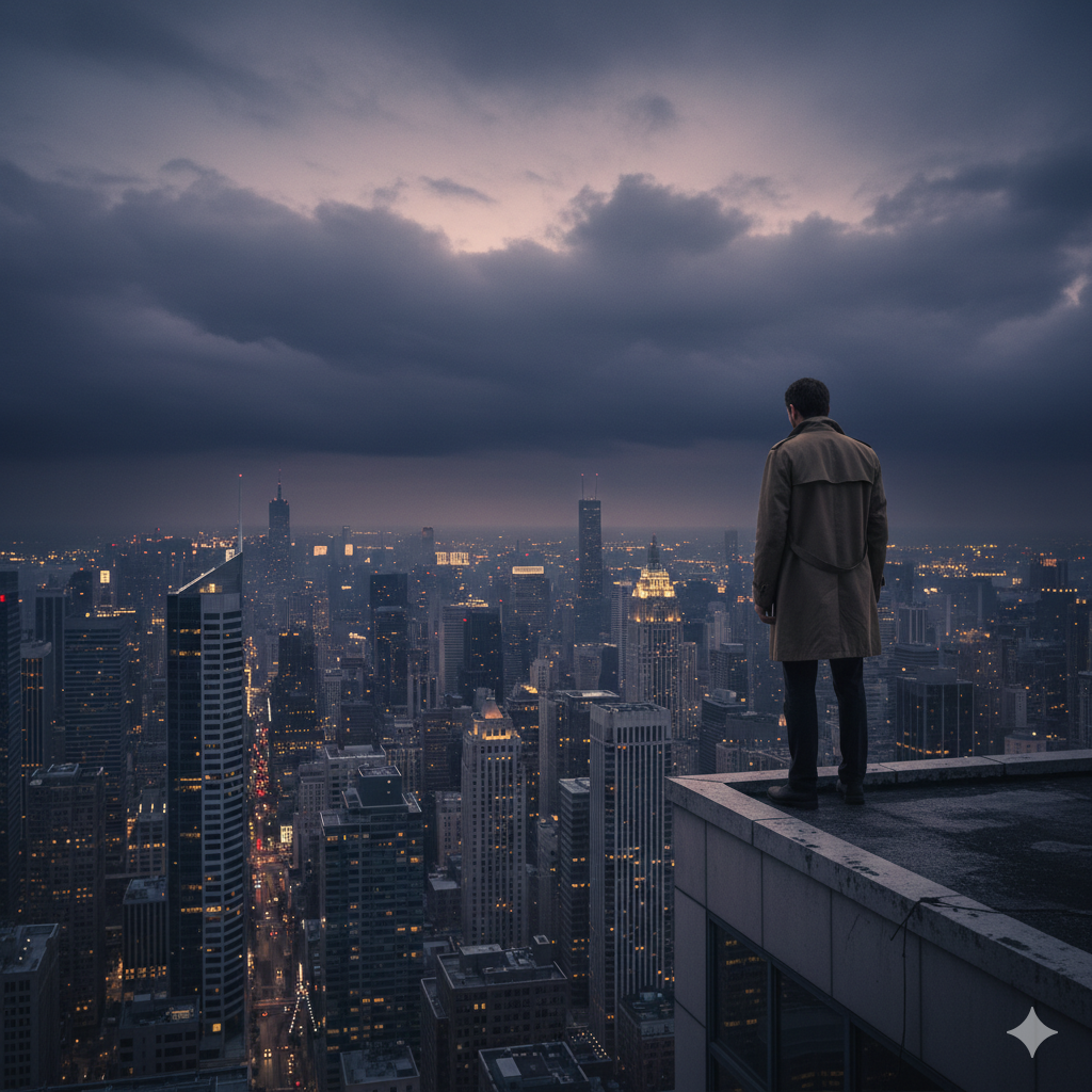 شخص وحيد يتأمل مدينة كبيرة من سطح مرتفع في مشهد رمزي عن العزلة