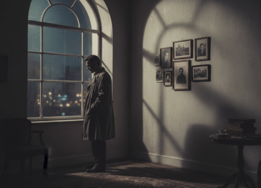 رجل يقف قرب نافذة ليلية وظلّه ينعكس على الجدار في مشهد شعري يعبّر عن الحنين والغياب.