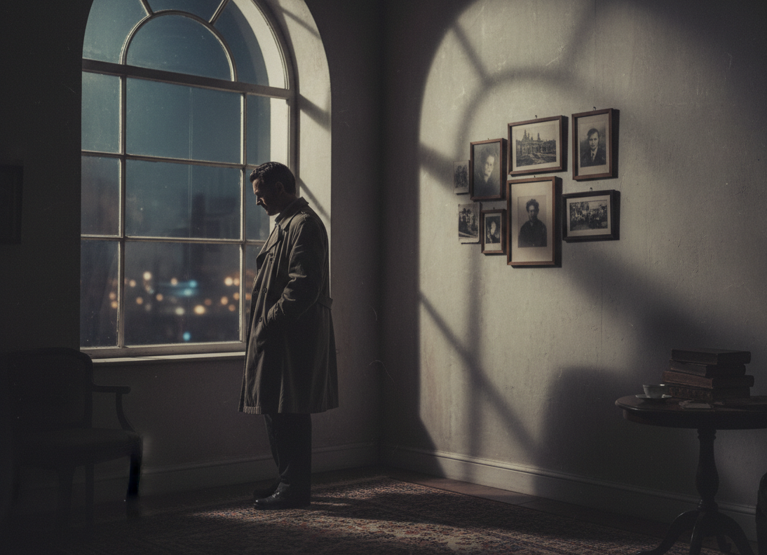 رجل يقف قرب نافذة ليلية وظلّه ينعكس على الجدار في مشهد شعري يعبّر عن الحنين والغياب.