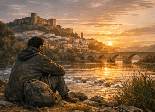 رجل يجلس قرب نهر عند الغروب يتأمل مدينة القصر الكبير في أجواء حنين وغربة