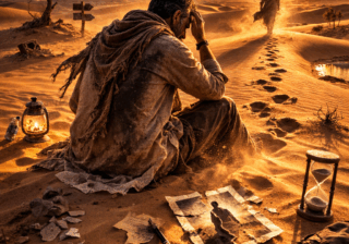 رجل يقف في صحراء عند الغروب يرمز إلى ضياع الذات والبحث عن الهوية