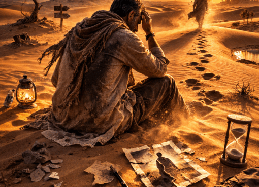 رجل يقف في صحراء عند الغروب يرمز إلى ضياع الذات والبحث عن الهوية