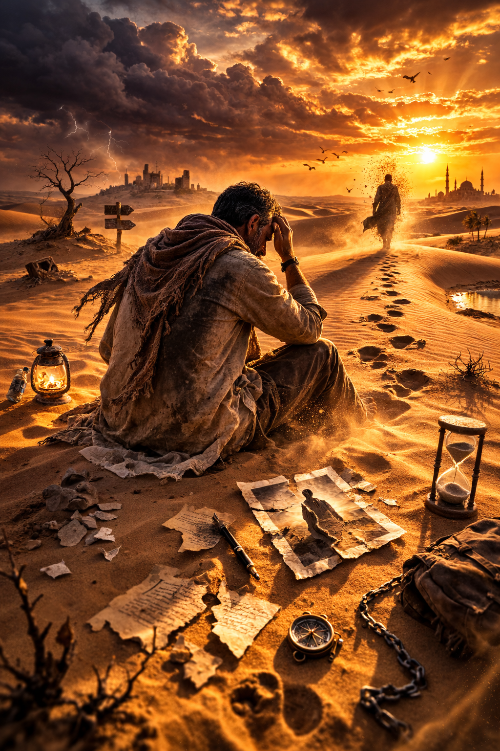 رجل يقف في صحراء عند الغروب يرمز إلى ضياع الذات والبحث عن الهوية