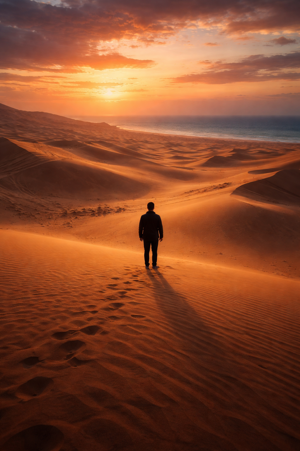 شخص وحيد يقف وسط صحراء شاسعة عند الغروب بين تلاقي الرمال والبحر في مشهد يعكس العزلة والتأمل.